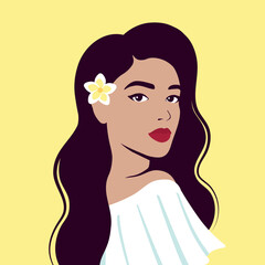 Portrait of the beautiful woman with a flower. The face of a girl. Female avatar. Flat vector illustration.