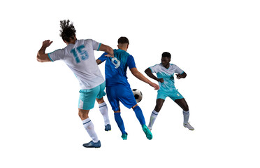 Fototapeta na wymiar Football action scene with competing soccer players on white background