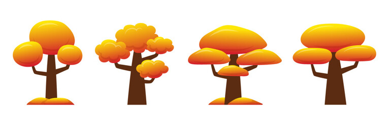 Autumn trees set. Trees with yellow and red leaves. Vector clipart isolated on white background.