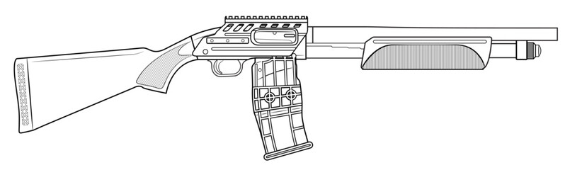Vector illustration of the tactical pump-action shotgun with picattiny rails and box magazine on a white background
