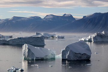 Icebergs in Uummannaq Fjord, Greenland, Denmark.  Uummannaq Fjord is a large fjord system in the...