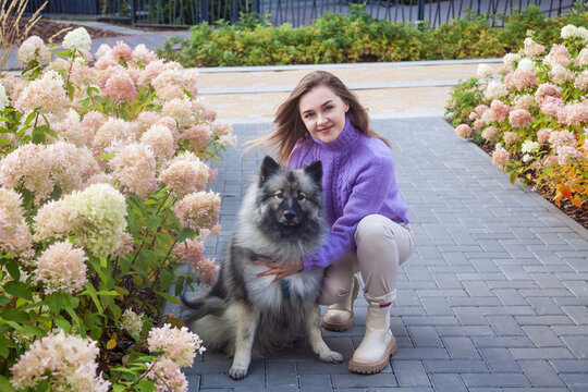 Young woman with keeshond dog posing in the park.