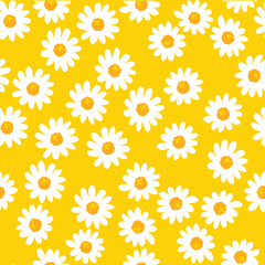 Fototapeta na wymiar Daisy seamless pattern on yellow background. Floral ditsy print with small white flowers and leaves. Chamomile design great for fashion fabric, trend textile and wallpaper. Vector