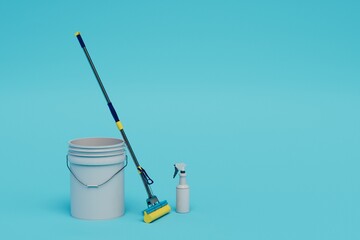 Fototapeta premium cleaning equipment. bucket, floor mop and dust remover. copy paste, copy space. 3d render