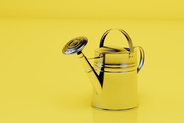 plant watering concept. aluminum watering can on a yellow background. 3d render