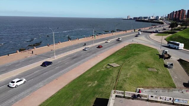 Aerial Drone View of Rambla promenade in Montevideo Uruguay