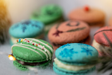 Christmas macarons on a cozy and warm background