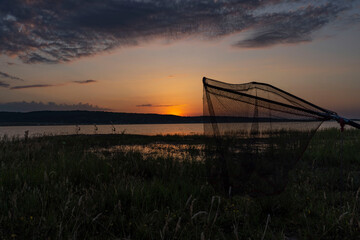 Fishing net and dam sunrise in Bulgaria