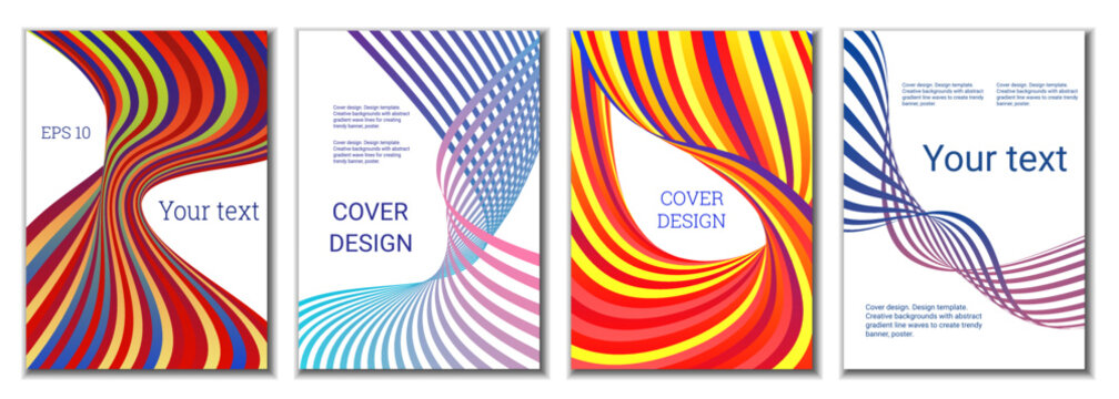 A set of 4 abstract covers. Wavy parallel gradient lines, ribbons evolve. Cover design, background. Trendy banner, poster.