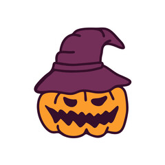 Pumpkin in a witch's hat, illustration for Halloween. Vector icon.