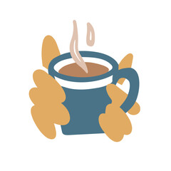 Coffee mug in hands, hot drink, cocoa. Autumn mood, warm. Cute vector illustration in doodle flat sketch style.
