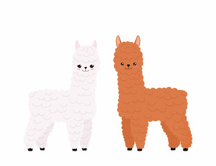 Cute two llamas on white background. Funny kawaii characters of alpaca. Cartoon flat style. illustration