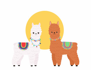 Cute llamas on white background. Funny kawaii characters of alpaca. Cartoon flat style. illustration