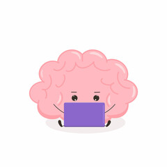 Cute kawaii brain. Funny human brain character works with computer. Cartoon flat style. Illustration