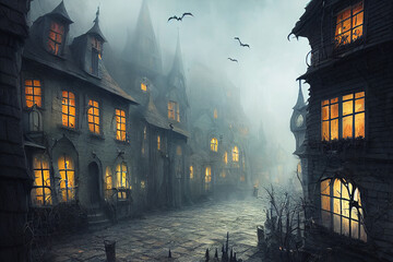 Halloween Hintergrund, gruselige alte Stadt am Abend