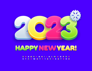 Vector bright greeting card Happy New Year 2023! Colorful funny Font. Trendy Alphabet Letters and Numbers set