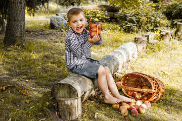 Chłopiec trzyma słoik z kompotem z brzoskwiń, brzoskwinie w koszyku, zbiór owoców sezonowych - obrazy, fototapety, plakaty