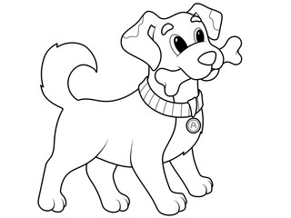 Dog with a bone in its mouth. Vector isolated, children coloring book.