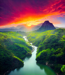Illustration of erial view of river and trees  in imagine place on earth. Beautidul natural Landscape. Used a neural network for drawing the art