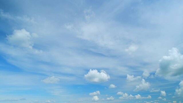 Fluffy layered clouds sky atmosphere. Puffy fluffy white clouds. Formation cloud sky scape. Timelapse.
