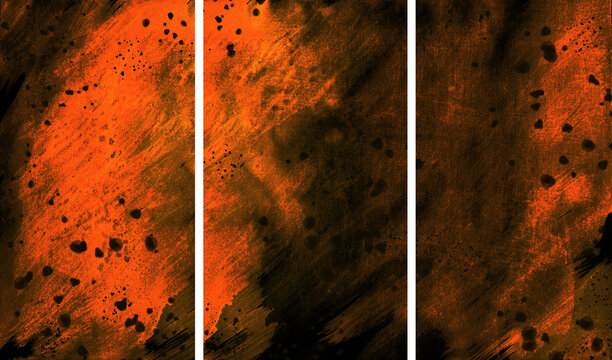Set of disturbing grunge abstract watercolor backgrounds. Orange and gray scuffs and dark stains on vertical watercolor backgrounds.