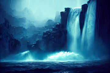 Huge epic waterfall in imagine place. Nature landscape illustration. Used a neural network for drawing