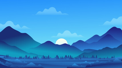 Blue landscape illustration with clouds