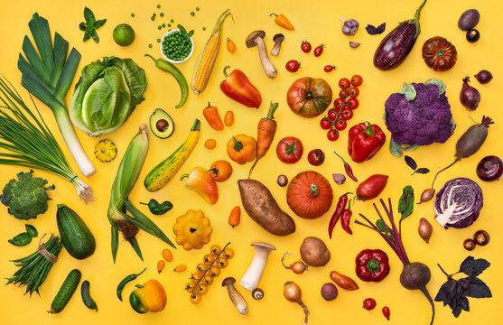 Photo of healthy different vegetables on yellow background. Top view. High resolution product