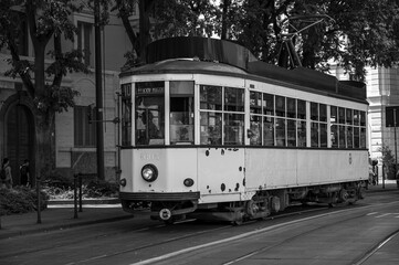Fototapeta na wymiar Old tram in the streets of Milan