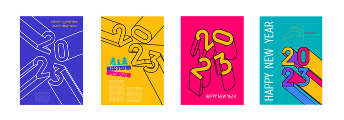 Set of colorful Happy New Year 2023 posters. Design typography logo 2023 for Christmas celebration and season decoration, branding, banner, cover, card, social media template. Vector illustration.