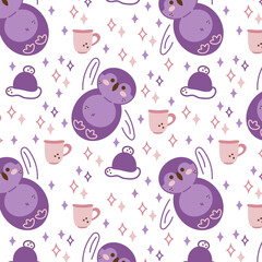 Fototapeta premium Penguin pattern. Seamless pattern with cute penguin, winter hat, mug with tea.