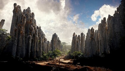 This is a 3D illustration of the enormous limestone formation also known as the forest of knives in Madagascar.
