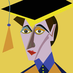 Young exhausted student wearing a graduation cap in the style of cubism. 