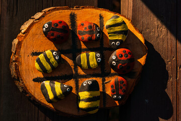 Hand made wood burn tic tac toe game with painted rock game pieces; yellow and red beetles and a...