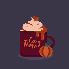 Hot Pumpkin spiced Cappuccino with a whipped cream lid in a Cup  and Pumpkin