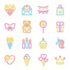 Birthday Neon Icons Isolated. Vector Illustration of Glowing Bright Led Lamp over White Symbols.