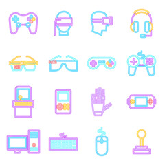 Cyber Game Neon Icons Isolated. Vector Illustration of Glowing Bright Led Lamp over White Symbols.
