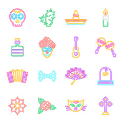 Day of the Dead Neon Icons Isolated. Vector Illustration of Glowing Bright Led Lamp over White Symbols.