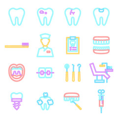 Dental Clinic Neon Icons Isolated. Vector Illustration of Glowing Bright Led Lamp over White Symbols.