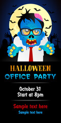 Halloween Office Party theme on blue background. Halloween poster with zombie office worker