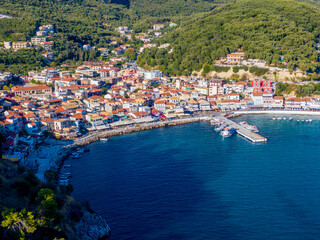 Fototapeta na wymiar Aerial drone view of Beautiful colorful towns of Greece - Parga. Popular for summer vacations