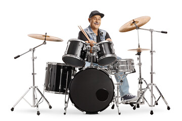 Fototapeta na wymiar Cheerful mature drummer sitting and holding drumsticks