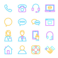 Contact Us Neon Icons Isolated. Illustration of Glowing Bright Led Lamp over White Symbols.