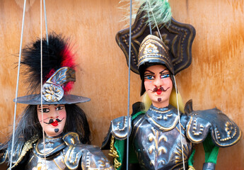 Traditional Sicilian puppets used for The Opera dei Pupi is a theatrical performance of marionettes of romantic poems frank, Italy.  - obrazy, fototapety, plakaty