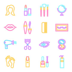 Cosmetics Neon Icons Isolated. Illustration of Glowing Bright Led Lamp over White Symbols.