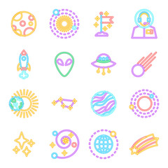 Cosmic Neon Icons Isolated. Illustration of Glowing Bright Led Lamp over White Symbols.