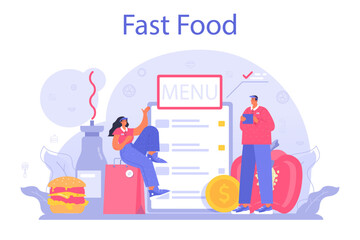 Fast food catering. Hamburger restaurant. Fast food worker preparing