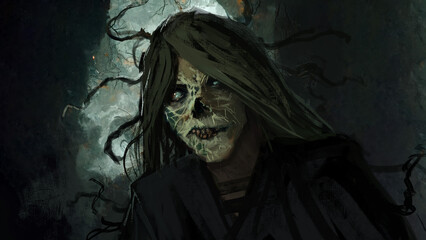 digital 3d illustration of a dark fantasy witch with crab arms in her hair, moody environment - fantasy painting © Dominick