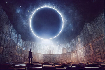 man standing in a mysterious library with moon eclipse , digital art style, illustration painting
