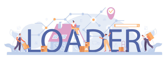 Loader typographic header. Storekeeper in uniform carrying